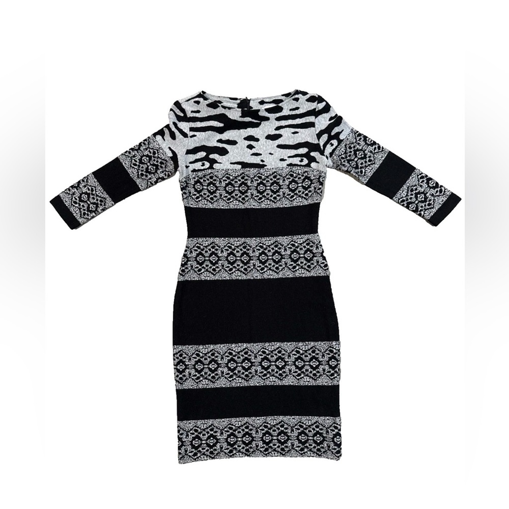 VTG Joseph Ribkoff Black/Gray Dress 3/4 Sleeve Striped Animal Print Fashion sz 8